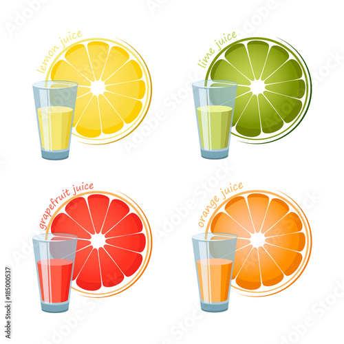 Four glasses of juice and a slice isolated on white backdround