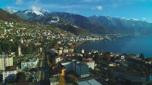 4K 50P (HFR) aerial of famous city of Montreux, east looking over city