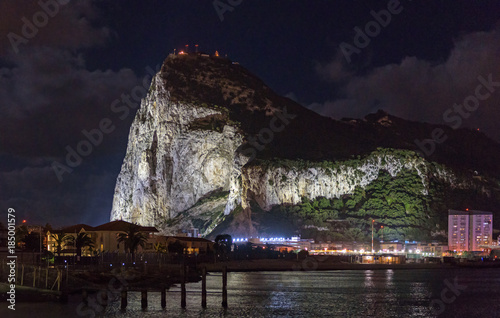 Night with on Gibraltar rock from Spanish La Linea de la Concepcion.
