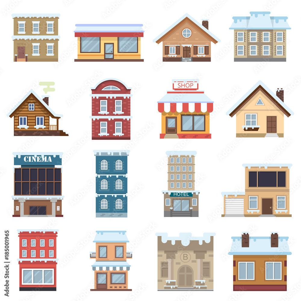 snow-covered house flat icon set