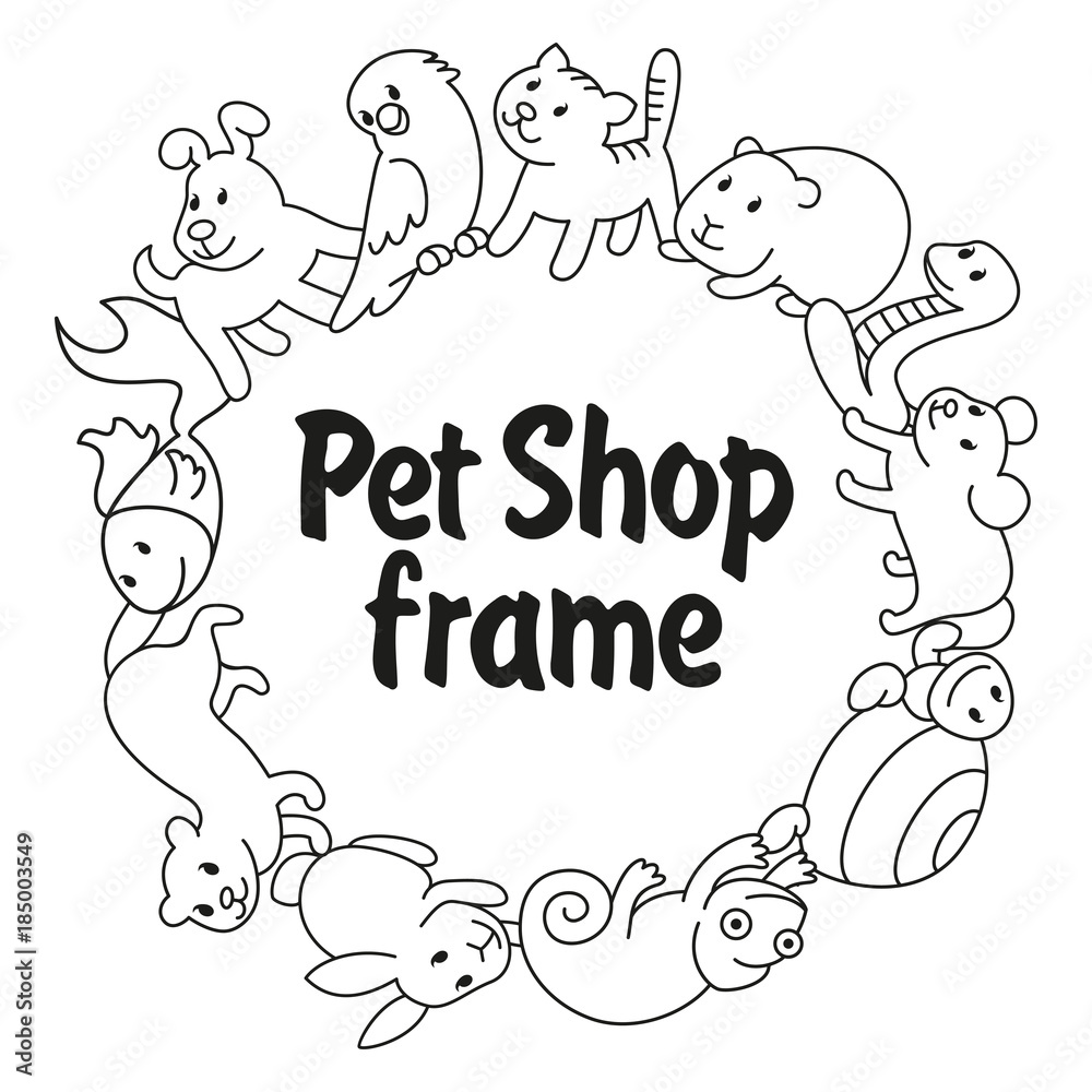Fototapeta premium Frame Pet shop, types of pets