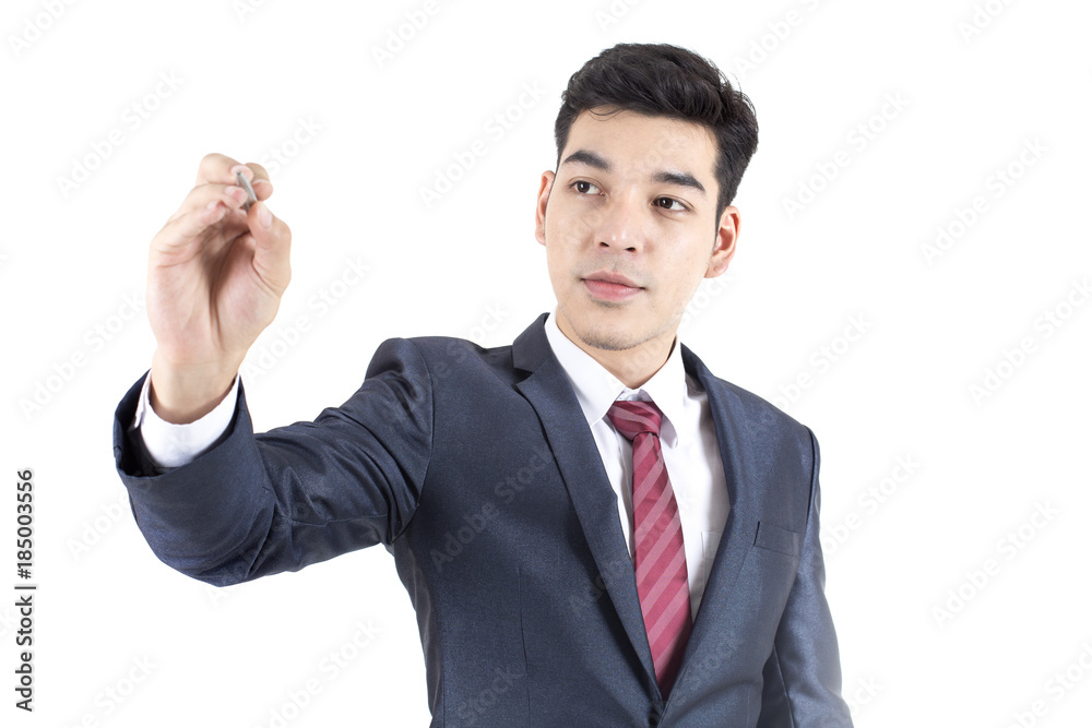 Asian Businessman drawing somthing on White Background with Success feeling, Business Success Concept, isolated on white background. Asian Businessman drawing somthing on White Background with Success feeling, Business Success Concept, isolated on white background.