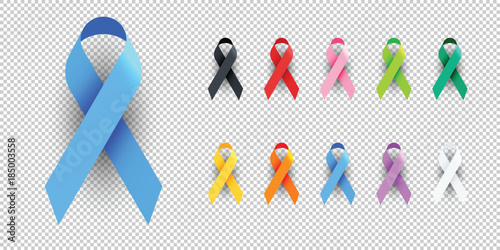 Realistic Colorful Awareness Ribbons Design Element Banner Emblem Sign Symbol Vector Illustration Various Colors on Transparent Background