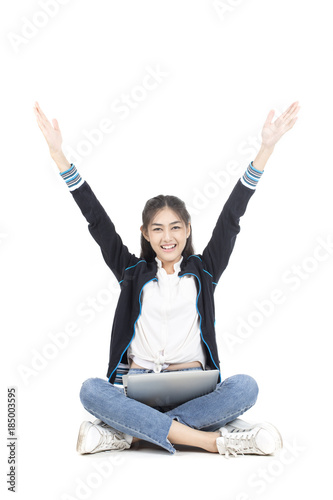 Portrait of Beautiful Young Asian Woman student using Laptop with attractive smiling isolated on white, Woman with Education Concept. photo