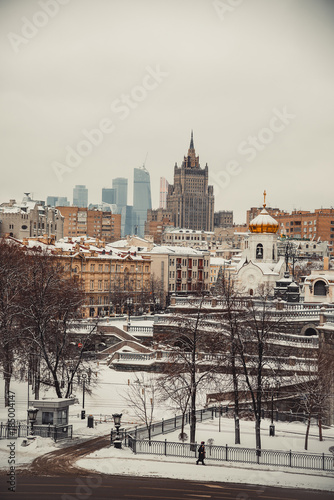 Moscow cityscape with Kudrinskaya Square skyscraper in winter