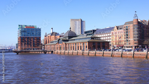 HAMBURG, GERMANY - MARCH 8th, 2014: Landmark Elbphilharmonie - Elbe Philharmonic Hall under construction taken from the opposite riverside of the Elbe photo