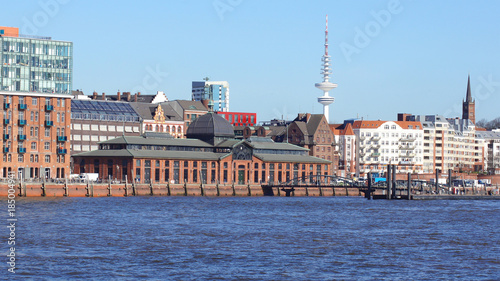 HAMBURG, GERMANY - MARCH 8th, 2014: river Elbe and the famous Fischmarkt fish market , Fischauktionshalle
