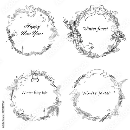 Vector illustration, set of New Year frames with forest and celebratory elements.