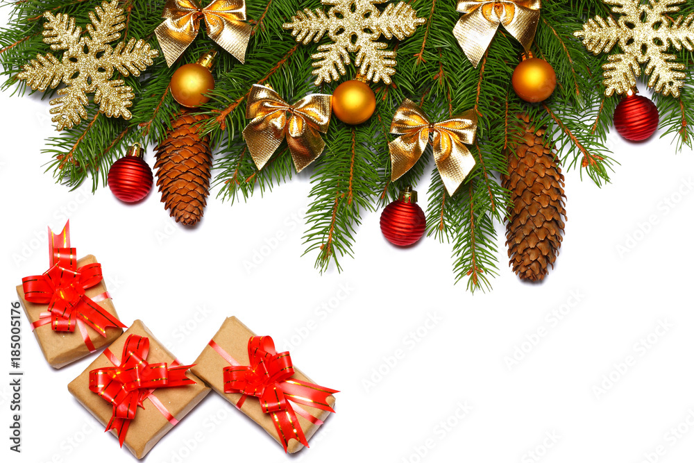 Christmas background. Top view with copy space. fir tree with cone isolated on white background Christmas background. Top view with copy space. fir tree with cone isolated on white background