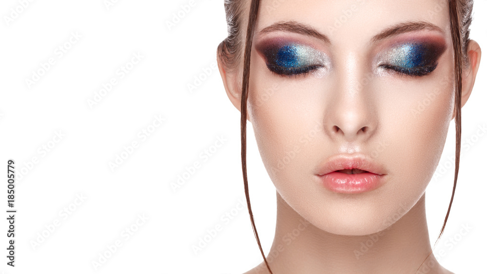 Half-face portrait of beautiful sensitive woman with perfect fresh clean skin, wet effect on her face and body, high fashion and beauty portrait , strobing or highlighting makeup Half-face portrait of beautiful sensitive woman with perfect fresh clean skin, wet effect on her face and body, high fashion and beauty portrait , strobing or highlighting makeup