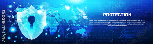 Protection Shield Over World Map Blue Circuit Background Business Concept Of Global Data Security Horizontal Banner Vector Illustration