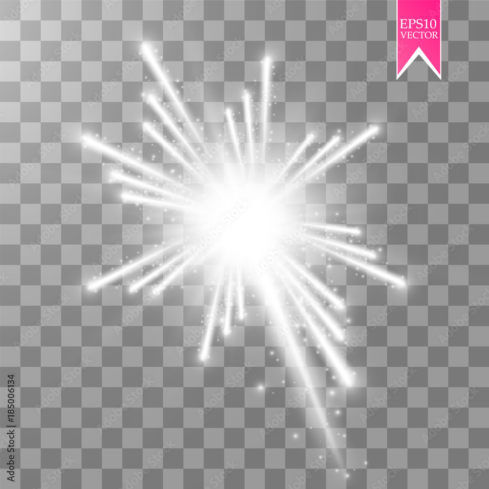 Firework lights effect with glowing stars in sky isolated on transparent background. Vector white festive party rocket burst or salute show for your design. Firework lights effect with glowing stars in sky isolated on transparent background. Vector white festive party rocket burst or salute show for your design.