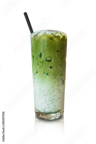 Ice green tea matcha latte isolate on white background with clipping path.