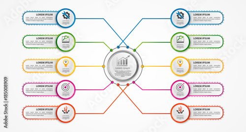 Modern vector illustration 3d. A circular infographic template with ten elements and a circle in the center. Contains icons and text. Designed for business, presentations, diagrams with 10 steps