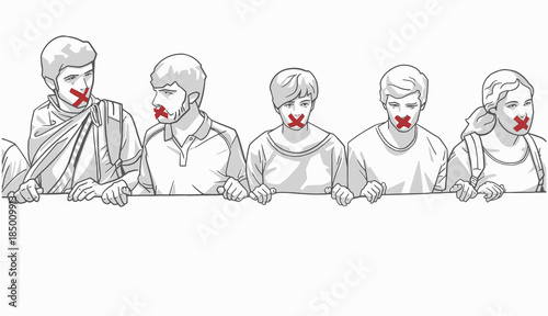 Illustration of group of students holinf large banner with red tape on their mouth in grey scale