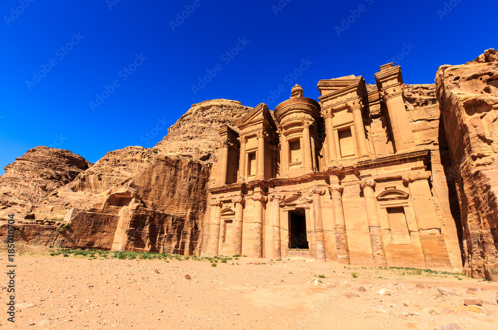 The Monastery Ad Deir monumental building carved out of rock in the ancient city of Petra