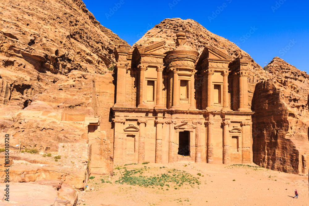 The Monastery Ad Deir monumental building carved out of rock in the ancient city of Petra