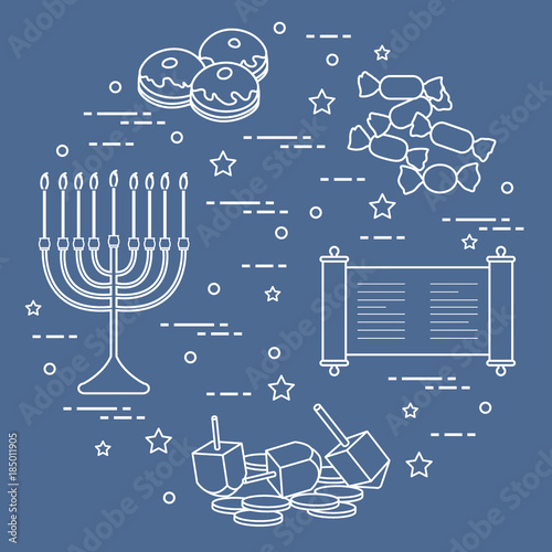 Jewish holiday Hanukkah: dreidel, sivivon, menorah, coins, donuts and other. photo