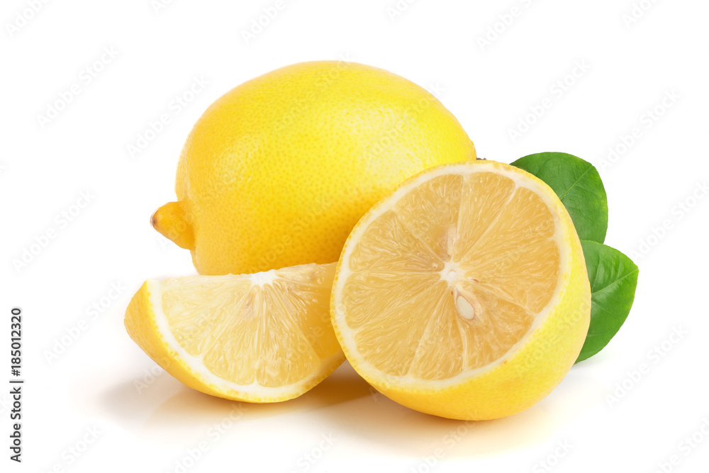 lemon and slice with leaf isolated on white background