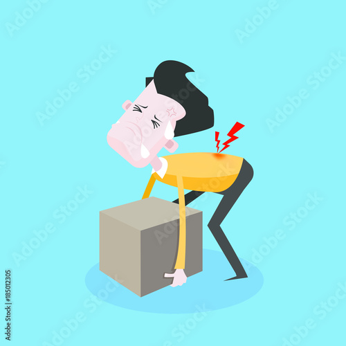 Man lifting posture incorrect heavy object, Injured. vector illustration