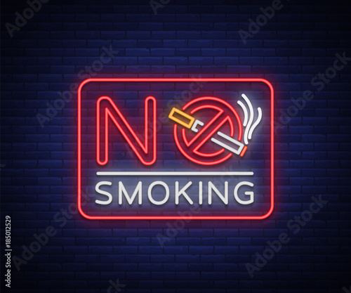 No smoking neon sign. Bright character, neon banner, icon, luminous warning sign of smoking in an unauthorized place. Stop smoking. Vector illustration