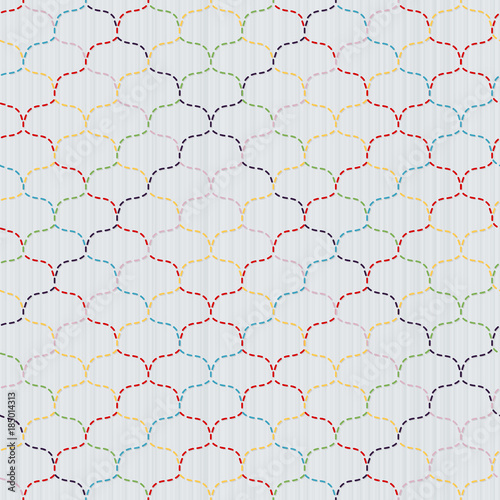 Wavy sashiko texture. Abstract Seamless patterns. Colorful stitches on the white background. Japanese embroidery ornament for pattern fills, handicraft for decoration.