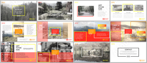 Clean and minimal presentation templates. Red and yellow color elements on a white background. Brochure cover vector design. Presentation slides for flyer, leaflet, brochure, report, advertising.