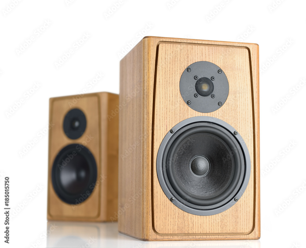 Fototapeta premium Two wooden speakers isolated on white background. 