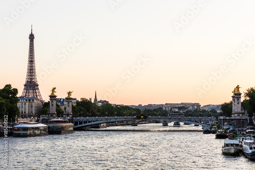 Pont Alexandre III Bridge and Eiffel Tower at sunset. Paris, France