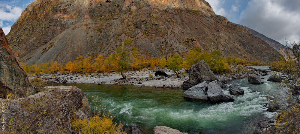 Russia. The South Of Western Siberia, Autumn in the Altai Mountains, the Chulyshman river. Russia. The South Of Western Siberia, Autumn in the Altai Mountains, the Chulyshman river.