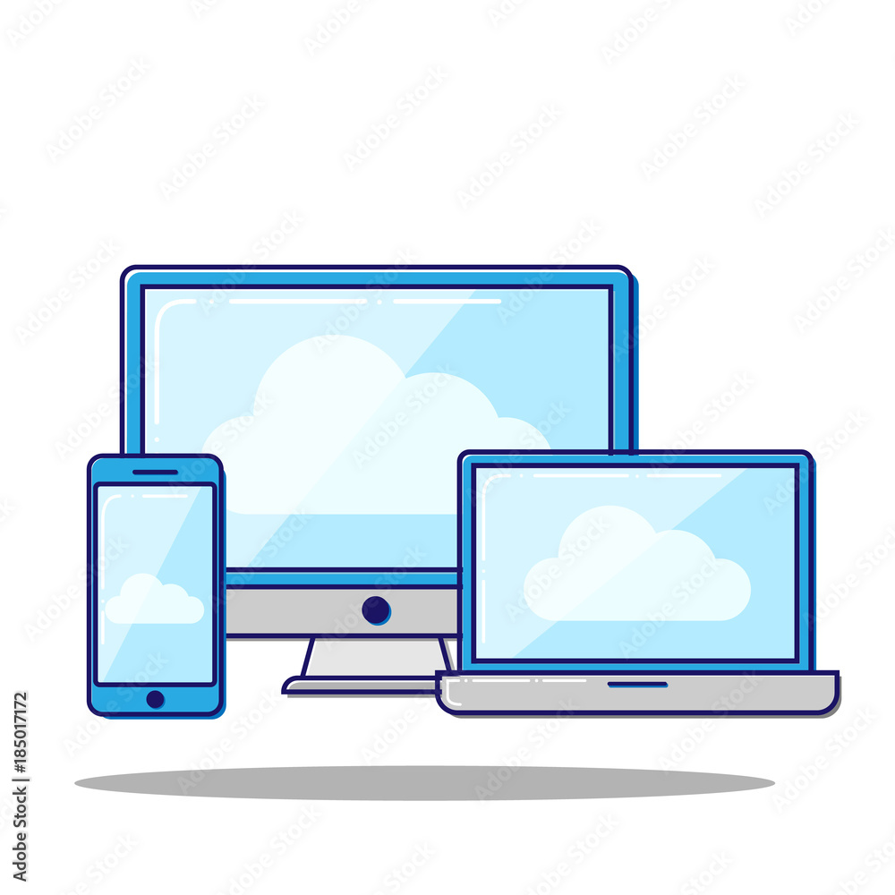 Flat Vector illustration of cloud computing concept on different electronic devices Flat Vector illustration of cloud computing concept on different electronic devices