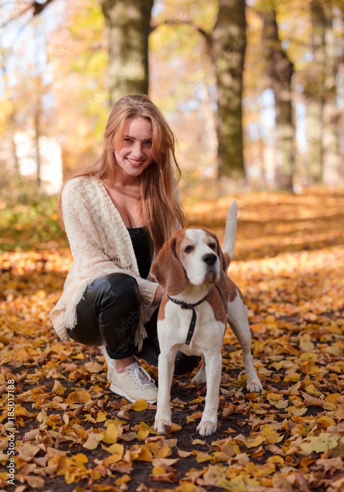 Beautiful girl with beagle in the park.