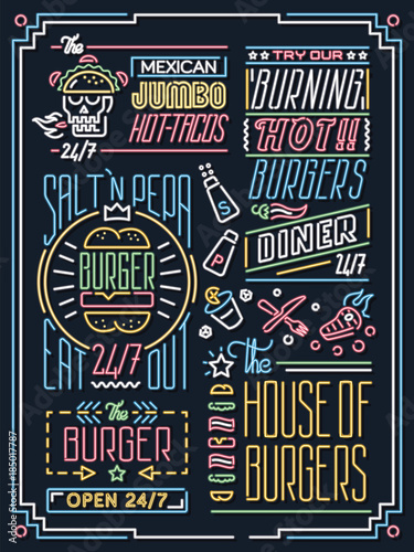 Food glowing neon signs collection set