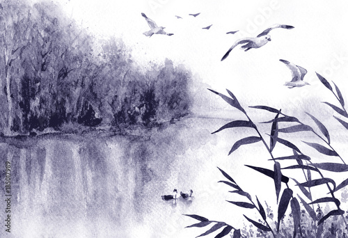 Ink Landscape with Birds and Reeds