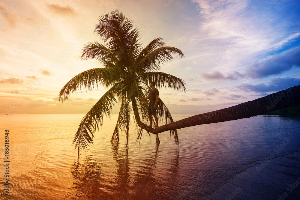 Man standing on palm and enjoying sunset on the beach.