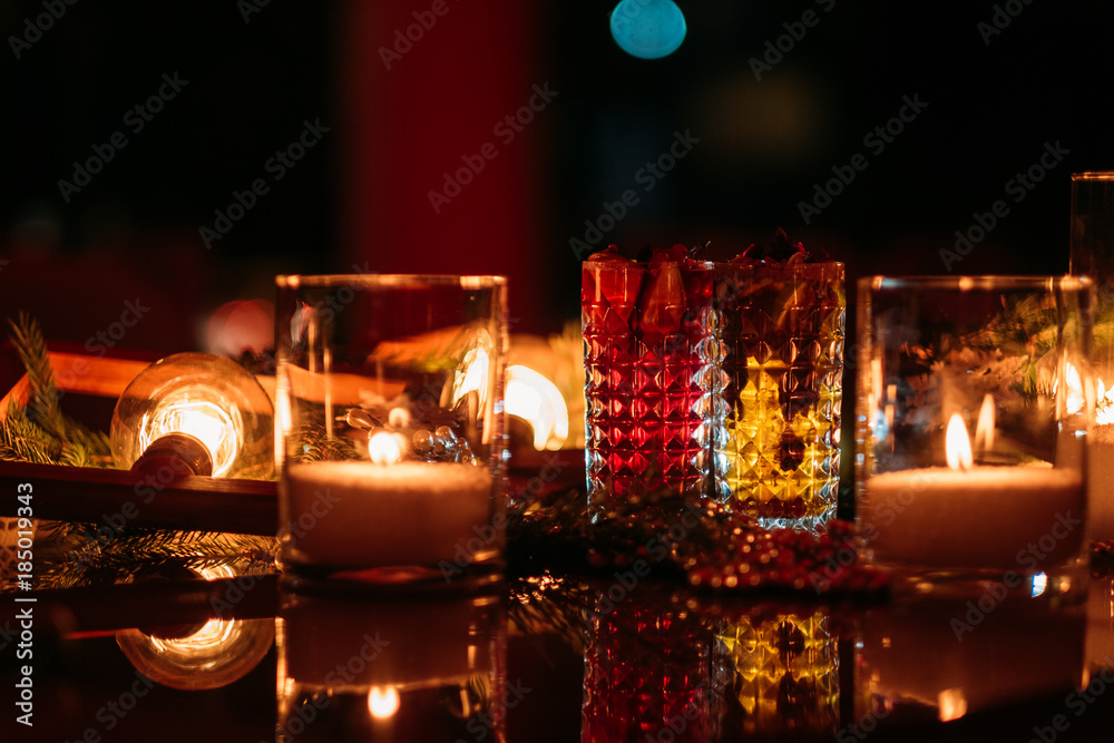 Magic christmas background. Celebration party decor. Romantic and festivity atmosphere. Alcohol abuse concept