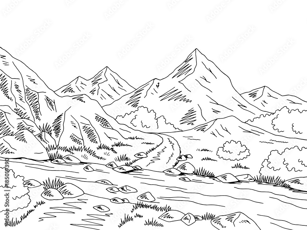 Plakat Mountain road graphic black white river ford landscape sketch illustration vector