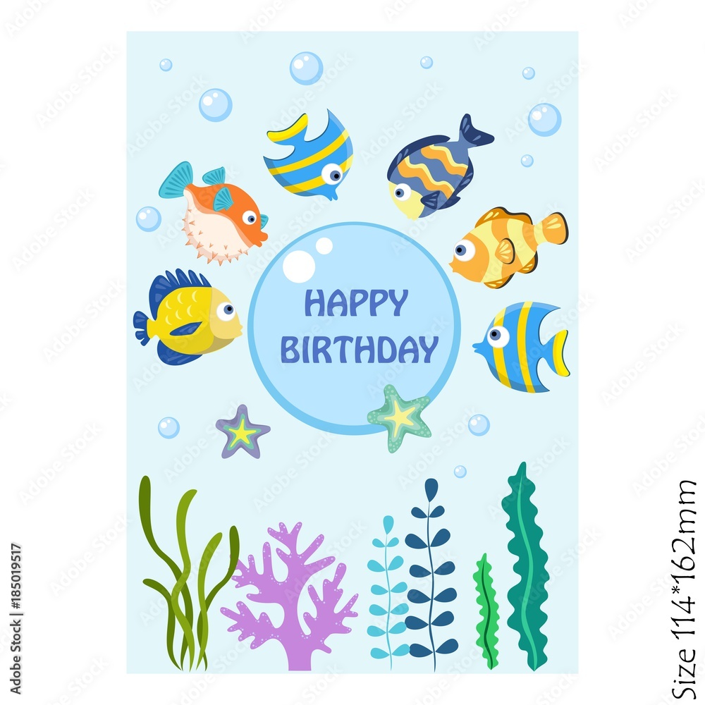 Greeting card happy birthday with colorful fish, vector illustration