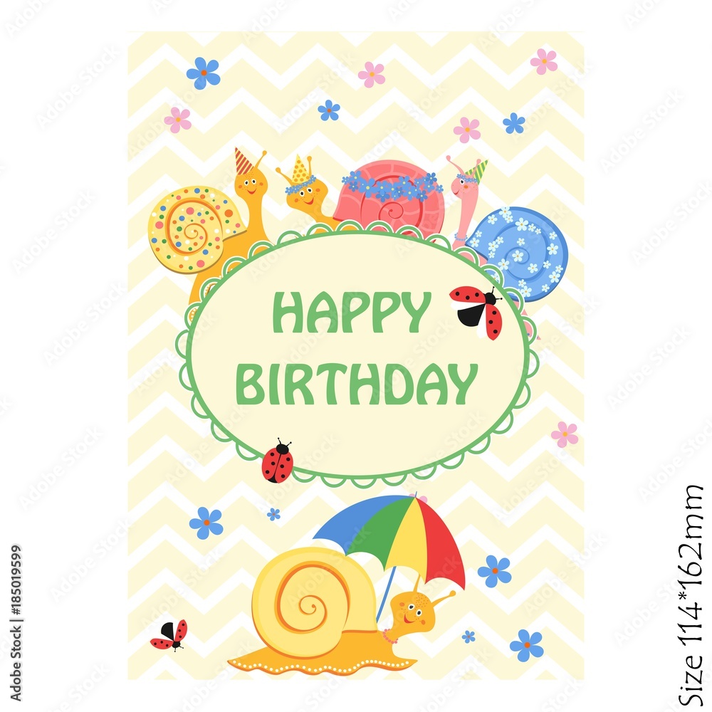 Cards for kids happy Birthday. Funny snail and the inscription. Joy, happiness, children. Vector illustration. Cards for kids happy Birthday. Funny snail and the inscription. Joy, happiness, children. Vector illustration.