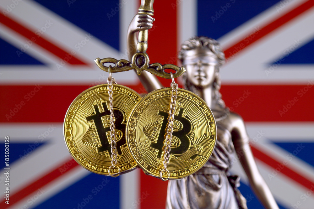 Φωτογραφία Symbol of law and justice, physical version of Bitcoin and United Kingdom Flag