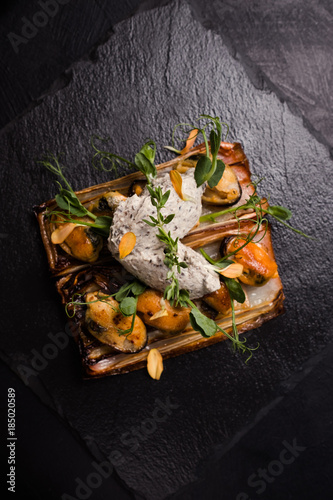 pate restaurant gourmet food on dark background. delicious delicacy