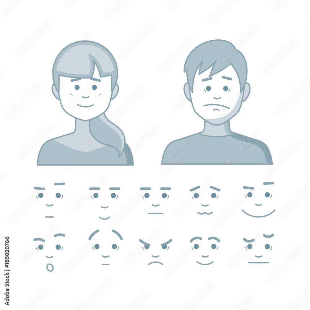 Set of different emotions girl and men in Cartoon style. Vector illustration of grey icon set in flat line style. Set of different emotions girl and men in Cartoon style. Vector illustration of grey icon set in flat line style.