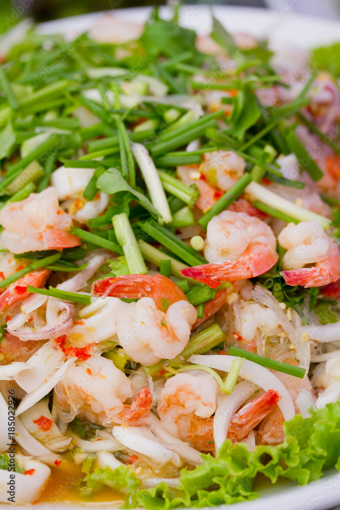 Close Up of Spicy Glass-Noodles Salad with Seafood Close Up of Spicy Glass-Noodles Salad with Seafood