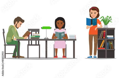 Students Reading Textbook in Library Flat Vector 