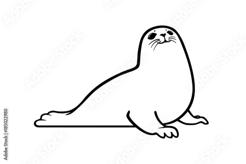 Black graphic silhouette of a sea seal animal, icon or symbol, logo, protection of wildlife. Vector, isolated on background.