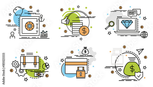 Set of outline icons of finance and money. Colorful icons for website, mobile, app design and print.