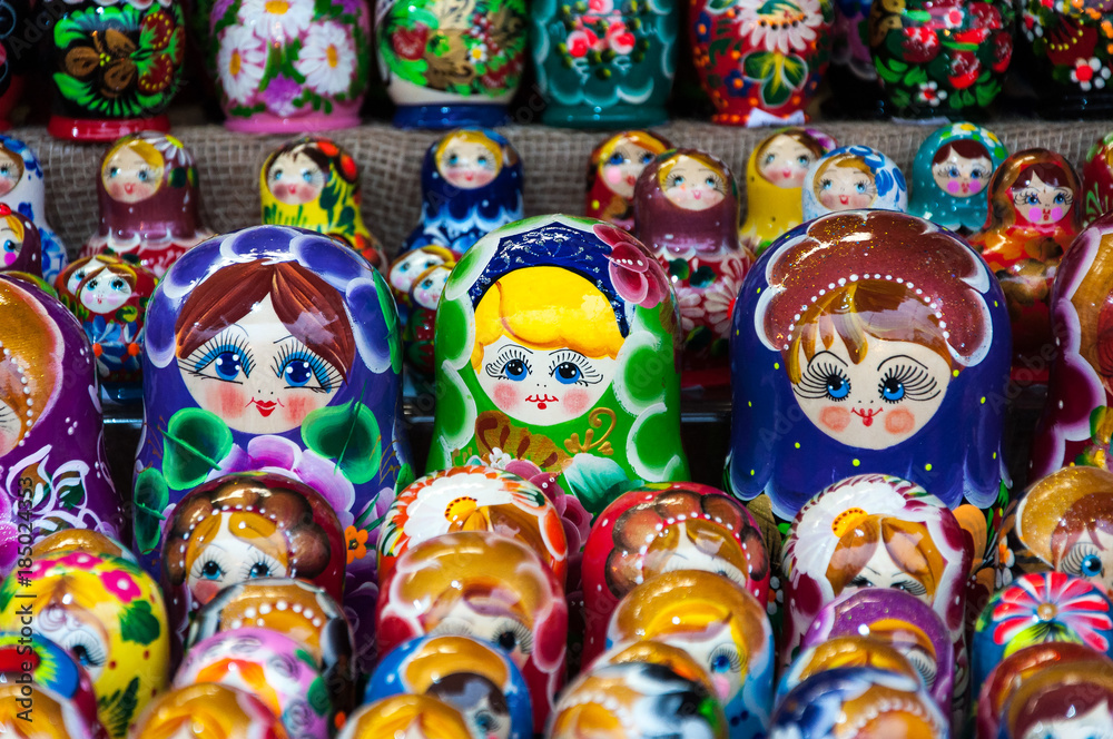 Christmas Market in Red Square, Moscow. Sale of toys, famous and popular fairy-tale characters, figurines Christmas Market in Red Square, Moscow. Sale of toys, famous and popular fairy-tale characters, figurines