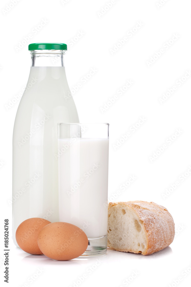 Milk bottle, glass, eggs and bread Milk bottle, glass, eggs and bread