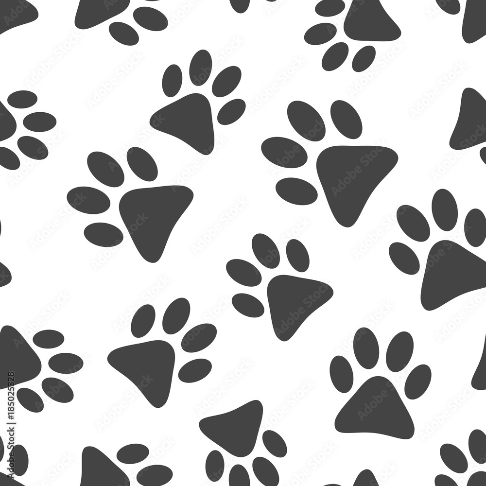 Fototapeta premium Paw print icon seamless pattern background. Business flat vector illustration. Dog, cat, bear paw sign symbol pattern.