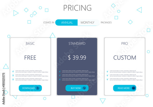 Three banners. Pricelist, hosting plans and web design boxes of banners. Banners for tariffs and price lists. Web elements. Plan the hosting. design for a web application.
